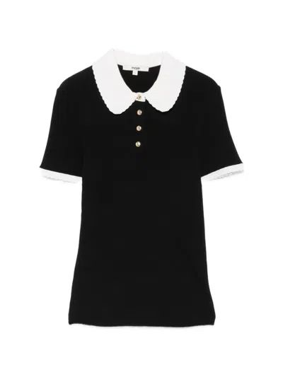 Maje Contrast-collar Ribbed Polo Top In Black
