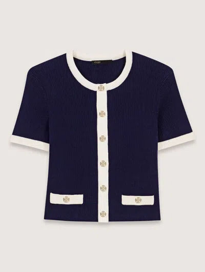 Maje Contrasting Cropped Cardigan In Navy / Ecru