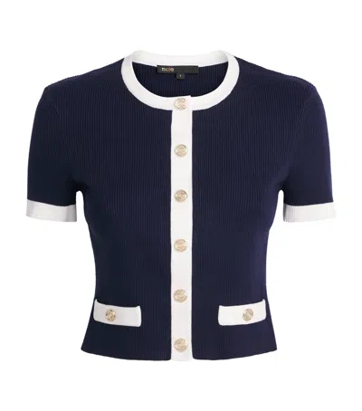 Maje Contrast-trim Cropped Cardigan In Blue