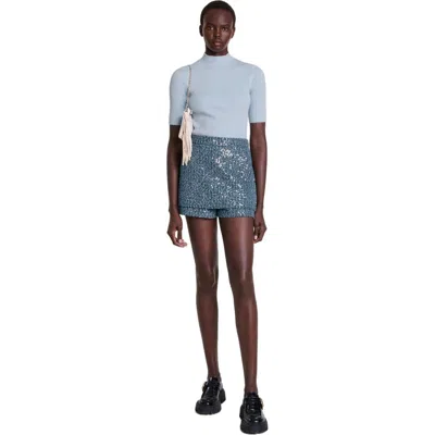 Maje Cotton And Silk Ribbed Top In Blue