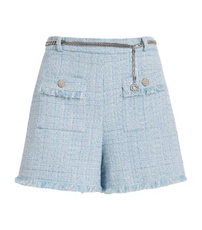 Maje Cotton-blend Belted Tweed Shorts In Blue