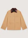 Maje Cotton Coat With Leather Collar In Beige