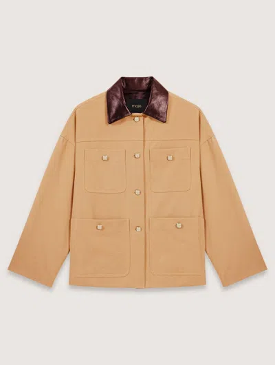 Maje Cotton Coat With Leather Collar In Beige