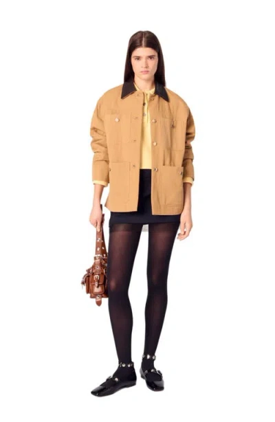 Maje Cotton Coat With Leather Collar In Beige