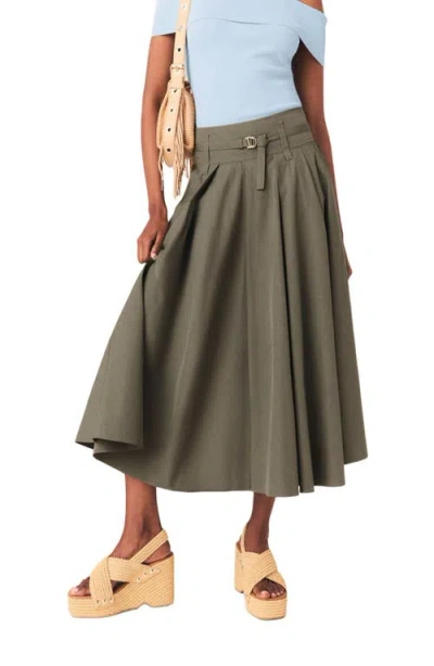 Maje Womens Khaki Pleated Belted-waist Cotton-blend Maxi Skirt In Green