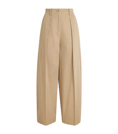 Maje Cotton Pleated Wide-leg Trousers In Beige