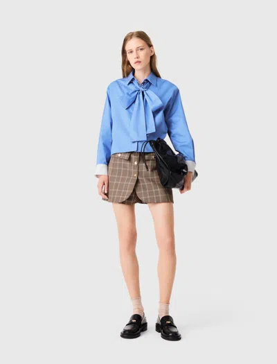 Maje Cotton Pussy Bow Shirt In Blue