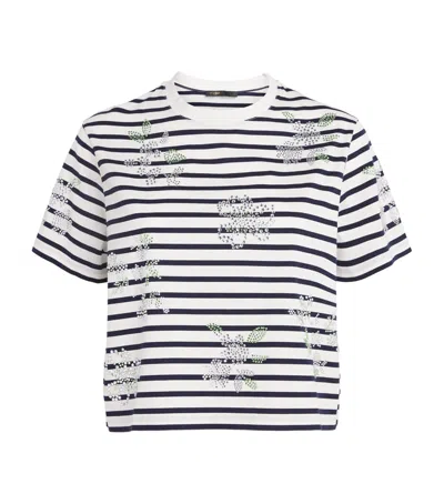 Maje Womens White Striped Crystal-flower Cotton-jersey T-shirt In Multi