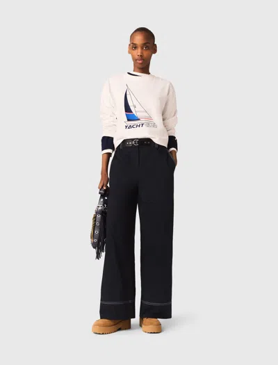 Maje Cotton Trousers With Leather Belt In Blue