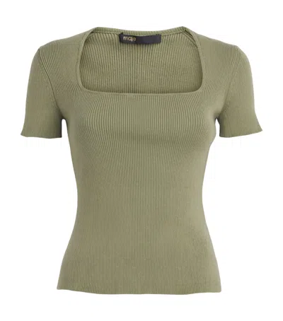 Maje Cotton-blend Rib-knit Top In Green
