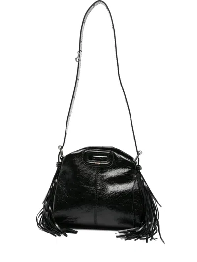 Maje Cracked-leather Fringe Tote Bag In Black