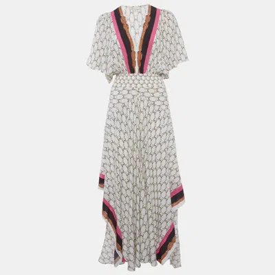 Pre-owned Maje Cream Racheline Print Crepe Asymmetric Flared Maxi Dress M In White