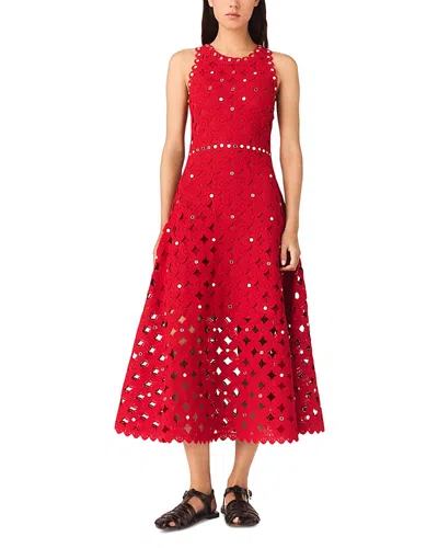 Maje Crochet Dress With Mirror Embellishments In Red