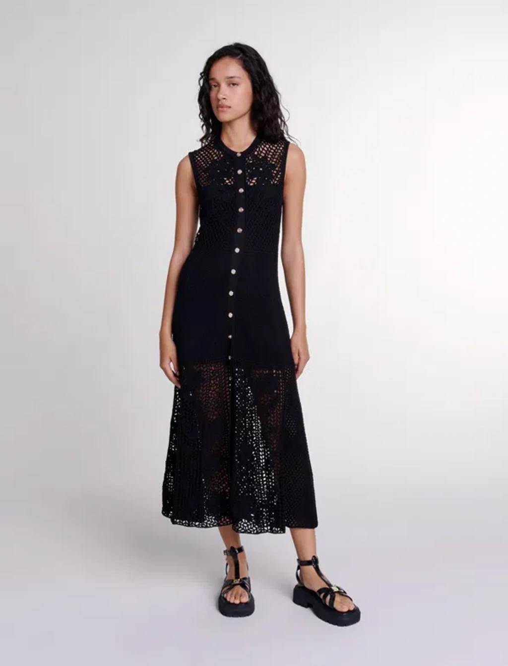 Maje Crochet-knit Maxi Dress In Black | ModeSens
