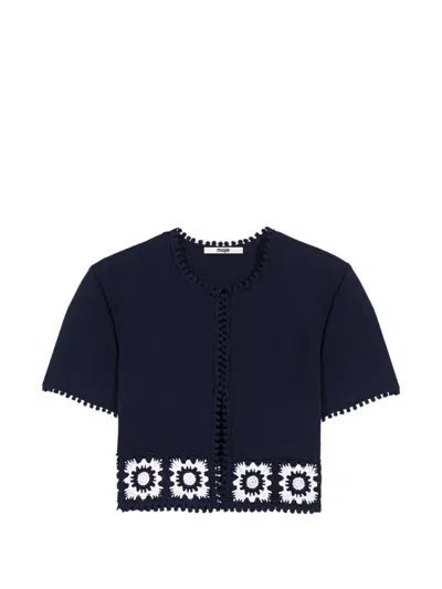 Maje Crochet-trim Cropped Cardigan In Blue