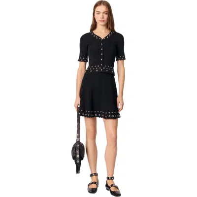 Maje Cropped Cardigan With Eyelets In Black