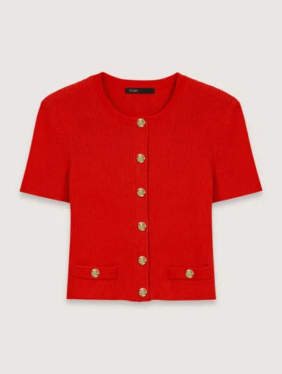 Maje Cropped Cardigan With Gold Buttons In Red