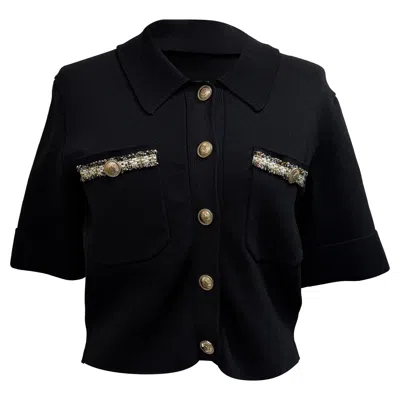Maje Cropped Contrasting Cardigan Top In Black Viscose