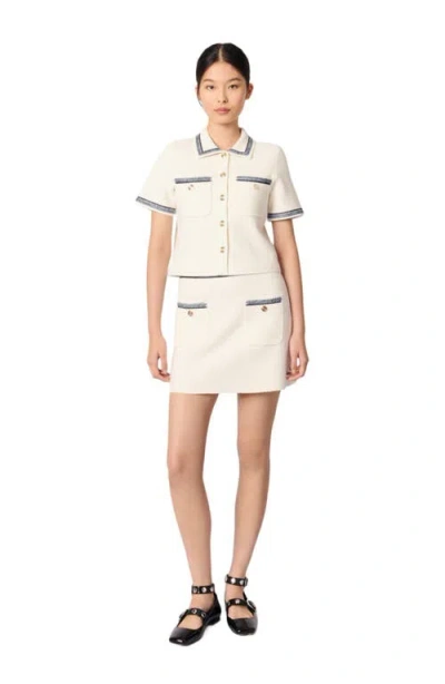 Maje Cropped Contrasting Trim Cardigan In Ecru