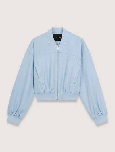 Maje Cropped Denim Bomber Jacket In Bleu Ciel