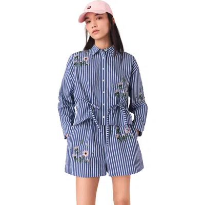 Maje Cropped Embroidered Striped Shirt In Blue
