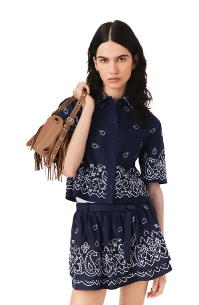Maje Cropped Embroidered Taffeta Shirt In Navy Bandana Embroidered