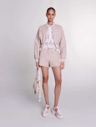 Maje Cropped Linen Jacket For Spring/summer In Sand Beige /