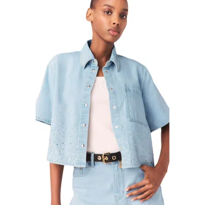 Maje Cropped Rhinestone Denim Shirt In Blue