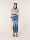 Maje Cropped Rib Knit Cardigan In Navy / Ecru
