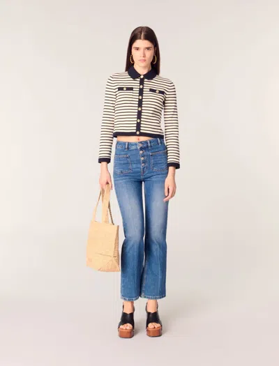 Maje Cropped Rib Knit Cardigan In Navy / Ecru