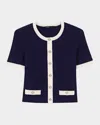 Maje Womens Short-sleeved Contrast-trim Knitted Cardigan Bleus In Navy / Ecru