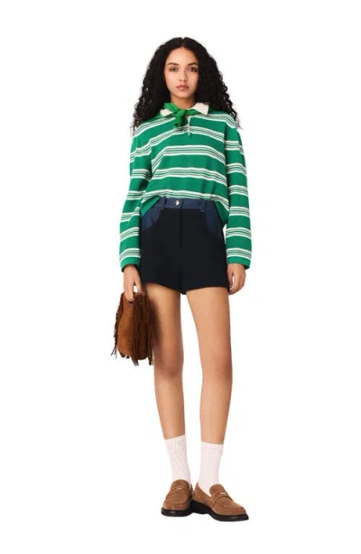 Maje Cotton-blend Stripe Polo Sweater In Green