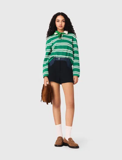 Maje Cropped Striped Polo Sweater In Green