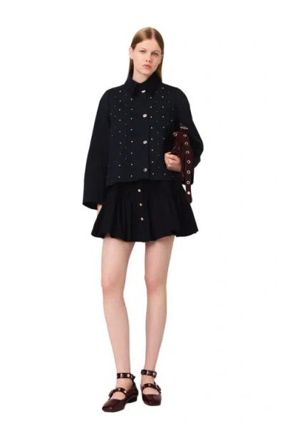 Maje Cropped Velvet Collar Jacket In Navy