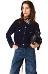 Maje Womens Navy Button-down Cropped Stretch-velvet Jacket In Blue