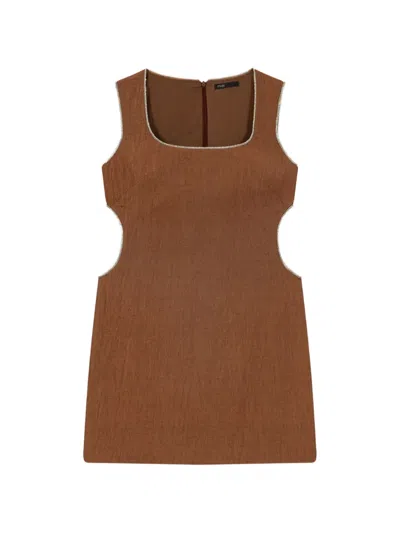 Maje Womens Brown Sleeveless Rhinestone-embellished Linen-blend Mini Dress
