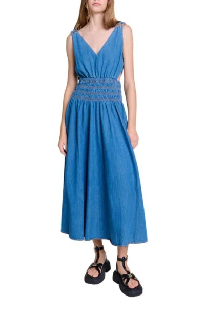 Maje Womens Bleus Cut-out Smocked-waist Denim Maxi Dress