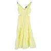 Maje Cutout Midi V-neck Sleeveless Tiered Dress In Yellow Polyester In Yellow
