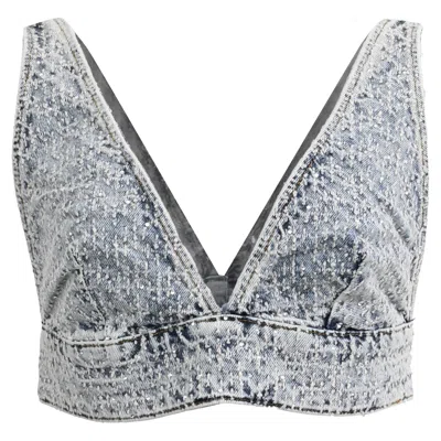 Maje Denim Bra Top With Rhinestones In Light Blue Denim