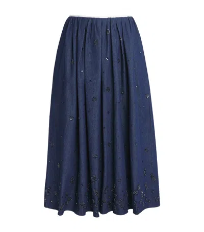 Maje Denim Embellished Midi Skirt In Blue