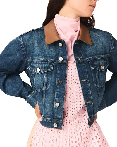 Maje Denim Jacket With Leather Collar In Blue