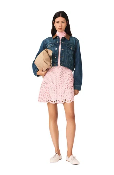 Maje Denim Jacket With Leather Collar In Blue