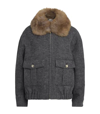 Maje Womens Faux Fur-collar Herringbone Wool-blend Jacket Dark Grey In Gray