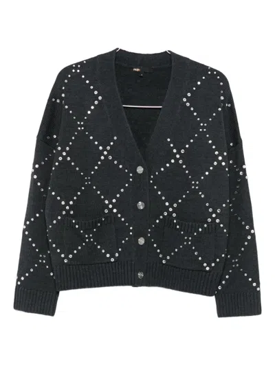 Maje Diamond-pattern Studded Cardigan In Gray