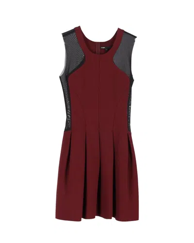 Maje Disquette Mesh Insert Fit And Flare Dress In Burgundy Viscose In Red