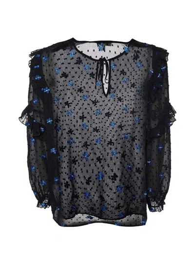 Pre-owned Maje Dotted Ruffled Blouse In Black