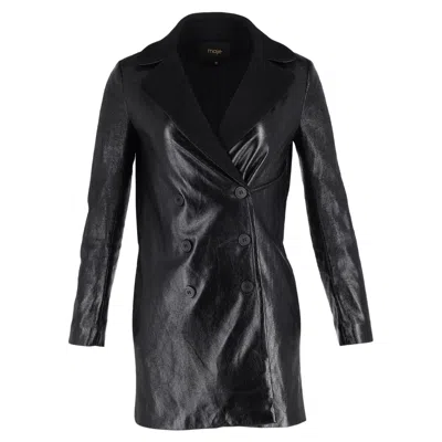 Maje Double-breasted Coat In Black Leather