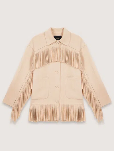 Maje Double-breasted Fringed Coat In Beige