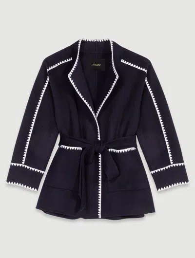 Maje Double-faced Coat In Navy/white