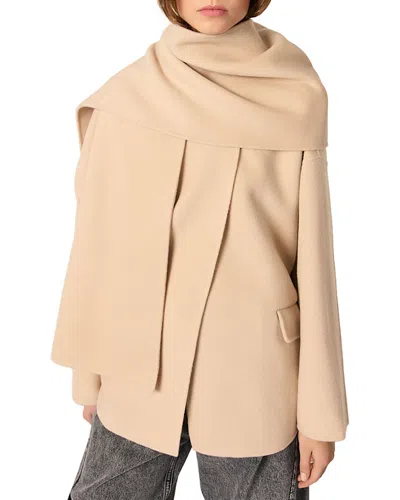 Maje Double-faced Coat With Scarf In Beige